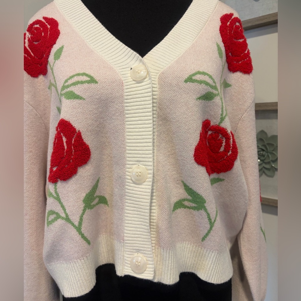 Soho & Stella Pink & Red Rose Embroidered Button Front Cardigan NWT! - Picture 6 of 9